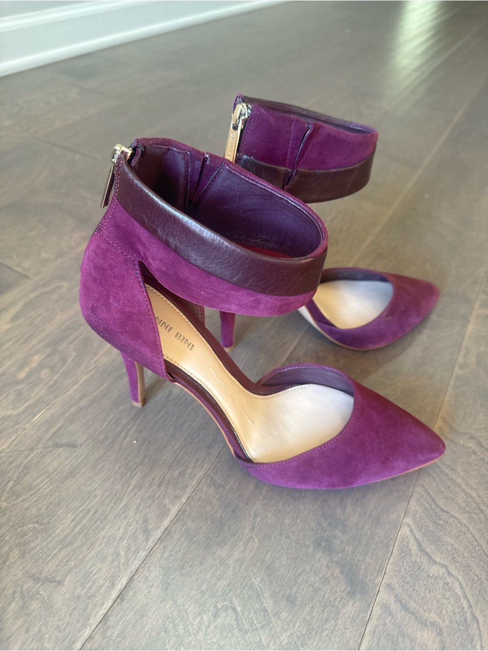 Gianni Bini Plum Pointed Suede Ankle-Strap Heels